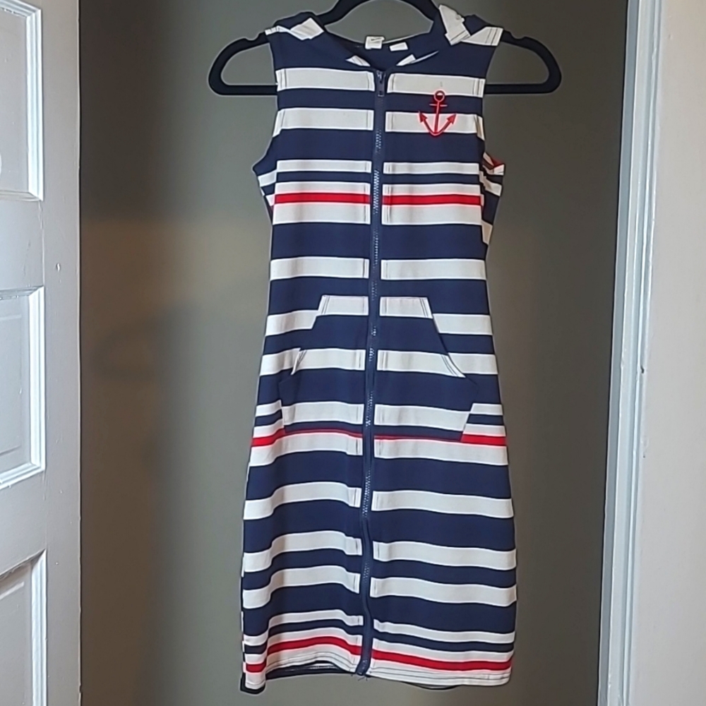 Nautical Zip-Up Sailor Anchor Stripes & Hoodie Cover Up Dress Cotton Blend Small